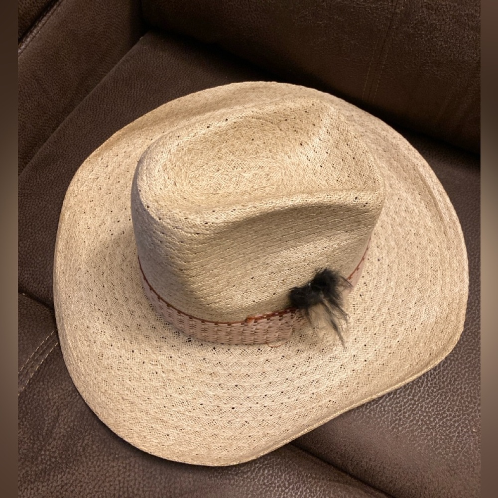 Stevens Western Beige Straw Cowboy Hat Brown Band. Name written on inside